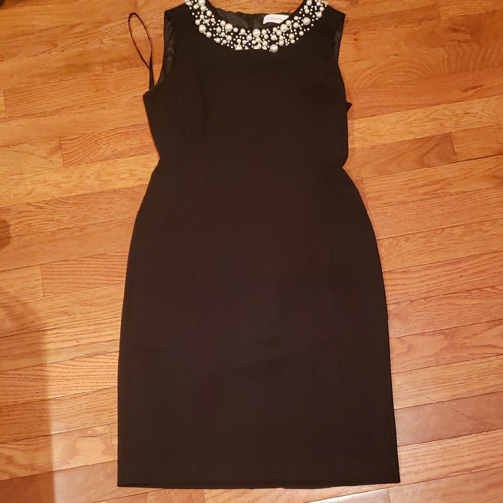 Calvin Klein Black Midi Dress with Pearl Embellishments